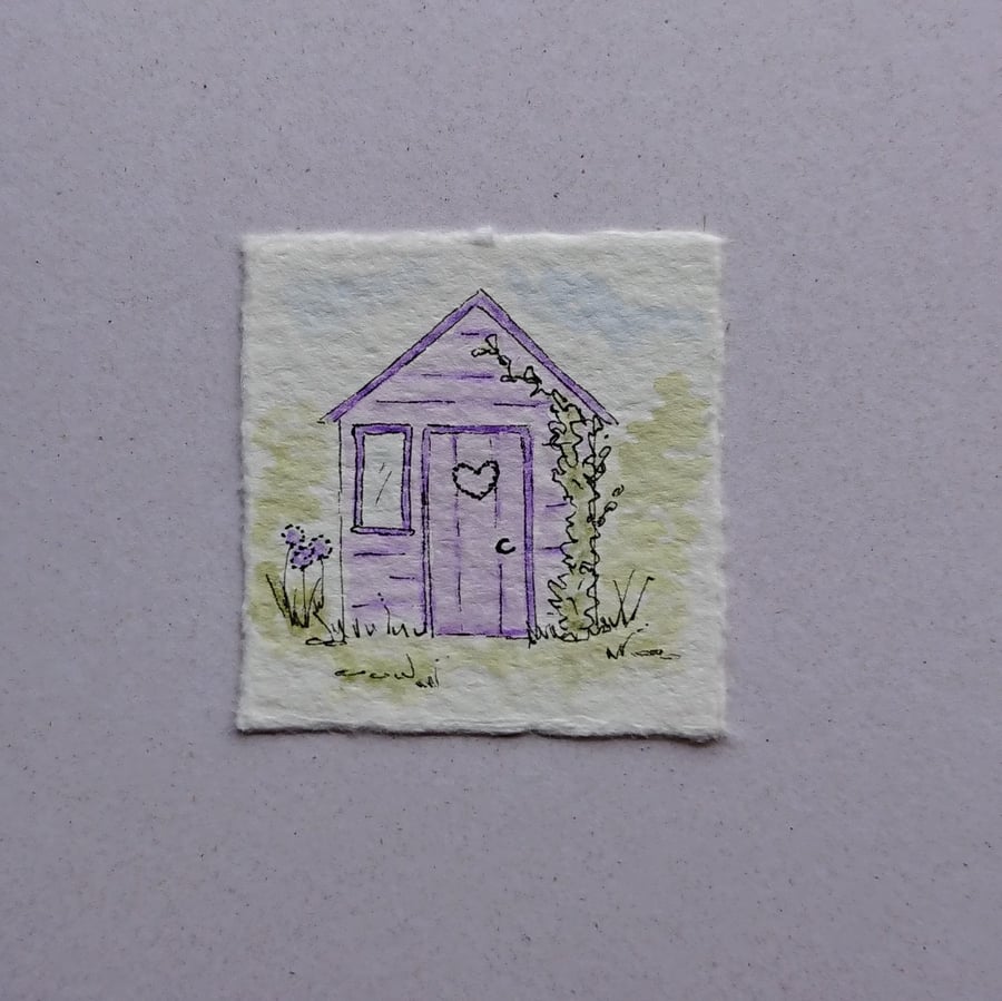 Garden greetings card - lilac shed or garden office - original watercolour 