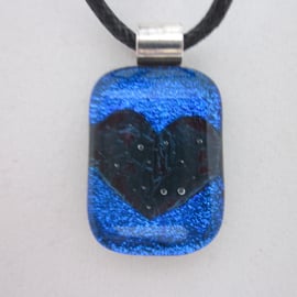 Handmade fused glass copper inclusion pendant - royal blue dichroic with heart