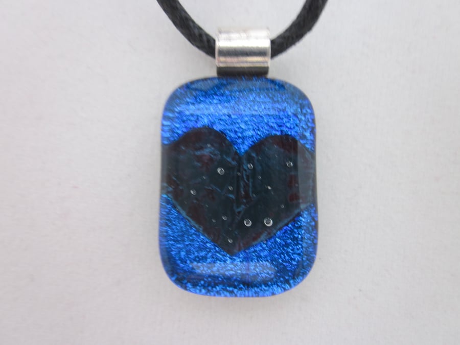 Handmade fused glass copper inclusion pendant - royal blue dichroic with heart