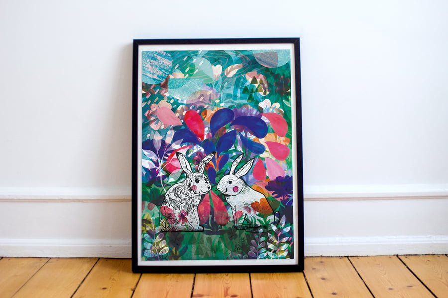 Rabbits A4 A3 Fine Art Print - Gift - For All - Present - Illustration - Art
