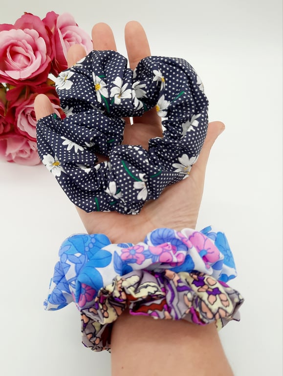 Colourful scrunchies,  set of 3, navy polkadot,  blue floral and purple.  