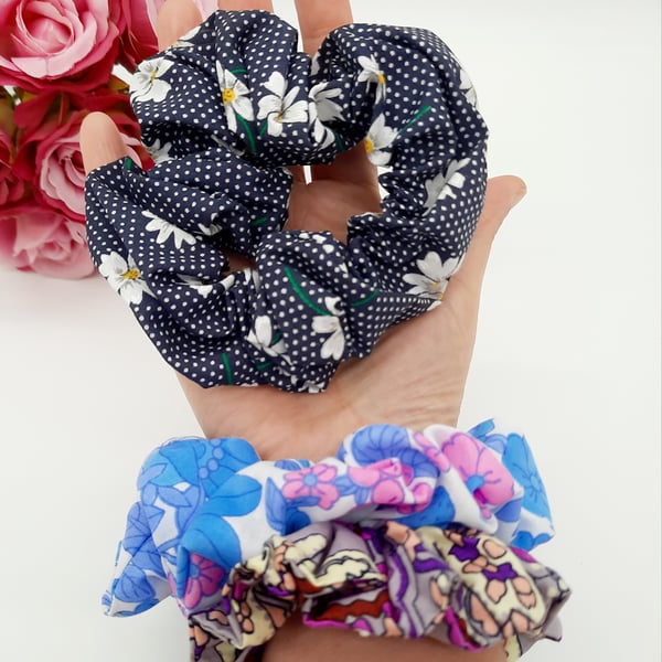 Colourful scrunchies,  set of 3, navy polkadot,  blue floral and purple.  