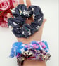 Colourful scrunchies,  set of 3, navy polkadot,  blue floral and purple.  