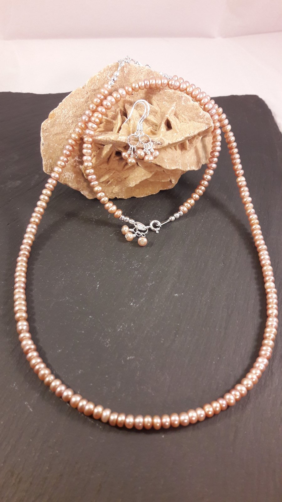 Peach Button Pearl and Sterling Silver Necklace, Bracelet and Earrings Set