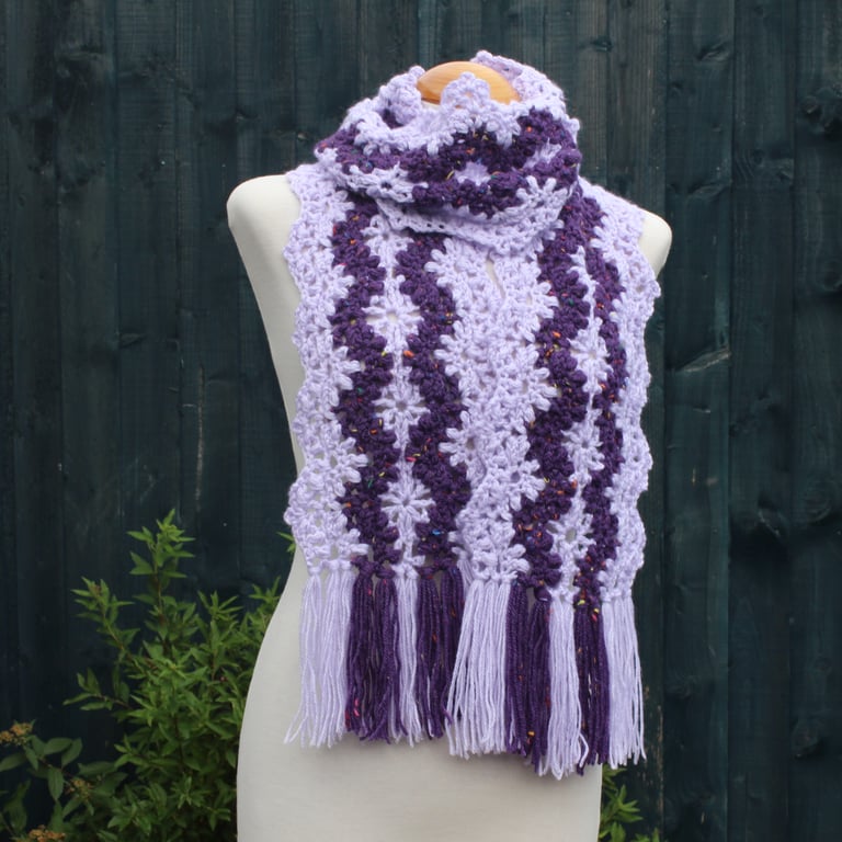 Crochet Stripey Scarf in Lilac and Purple Tweed