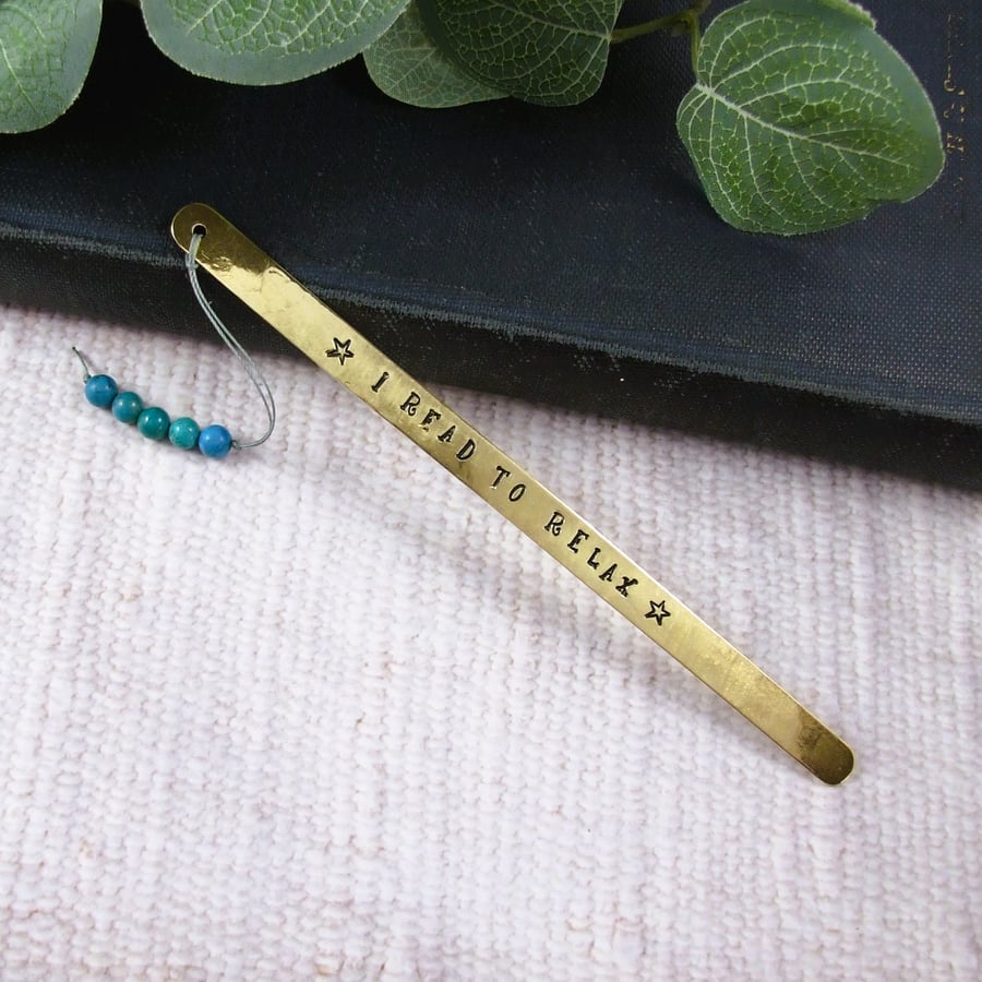 Bookmark, Stamped Brass and Dyed Turquoise Howlite Bookmark