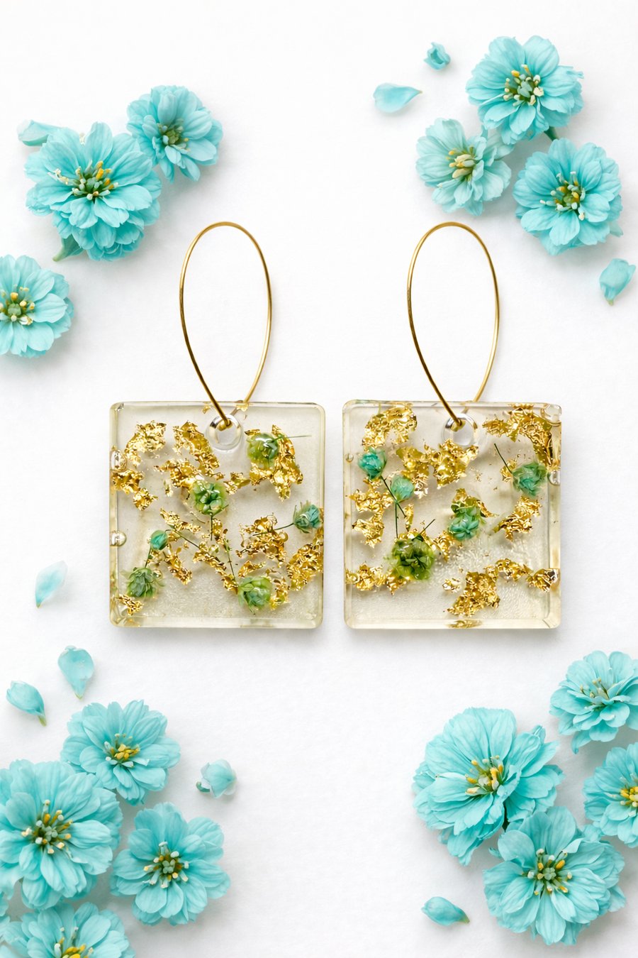 Turquoise Flower Resin Earrings with Gold Leaf- Square Dangle Earrings