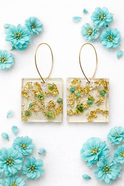 Turquoise Flower Resin Earrings with Gold Leaf- Square Dangle Earrings