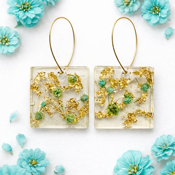 Turquoise Flower Resin Earrings with Gold Leaf- Square Dangle Earrings
