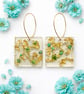 Turquoise Flower Resin Earrings with Gold Leaf- Square Dangle Earrings