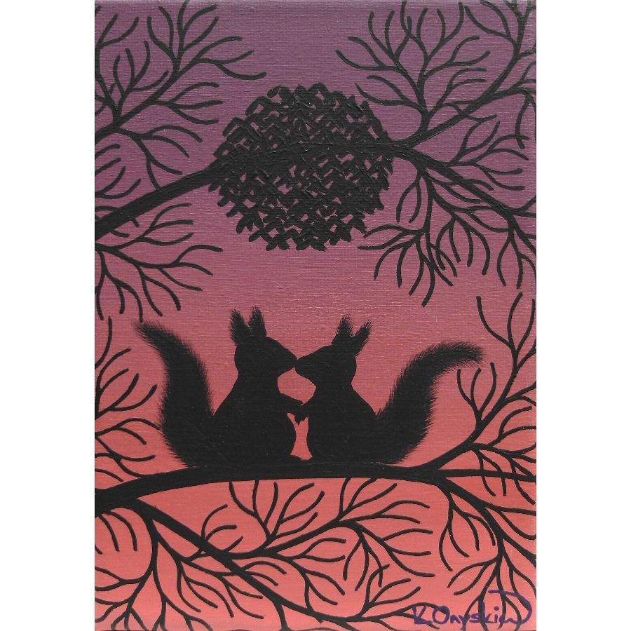 Squirrels Under the Mistletoe Original Acrylic Painting - pink purple canvas art