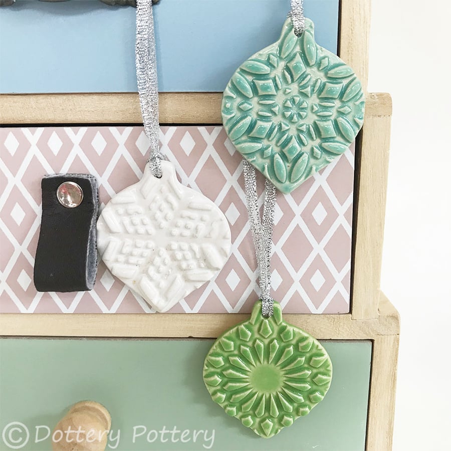 Small Ceramic Christmas Baubles set of three pottery Bauble decorations 