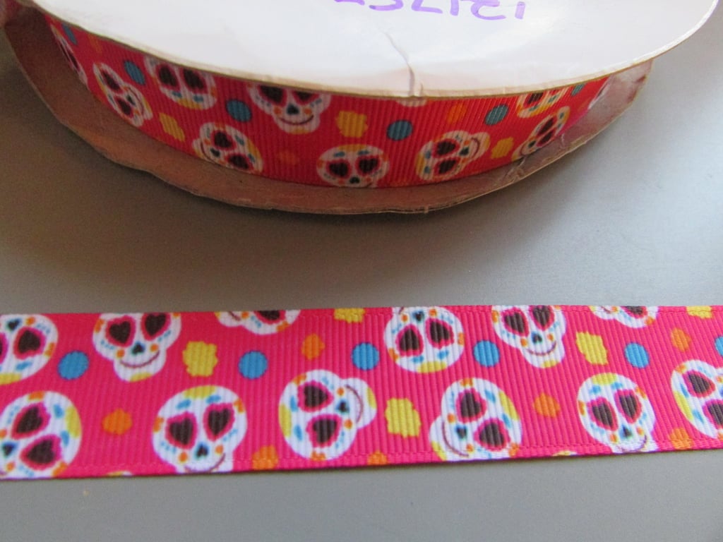 Gothic Pink Sugar Skull Grosgrain Ribbon 2.2cm x 1 Metre