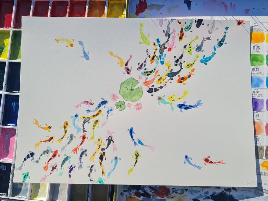Colourful Koi carp and lilypad art