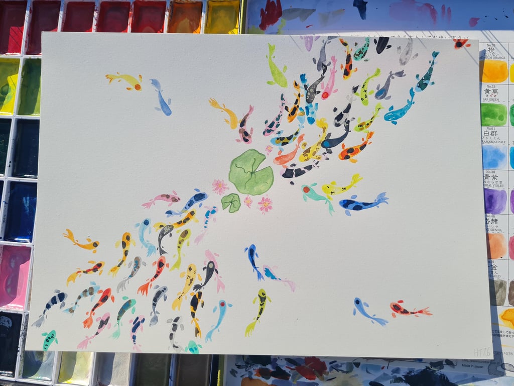 Colourful Koi carp and lilypad art
