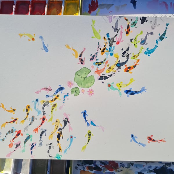 Colourful Koi carp and lilypad art