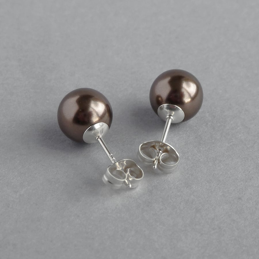 8mm Chocolate Pearl Stud Earrings - Simple Round Dark Brown Studs - Jewellery