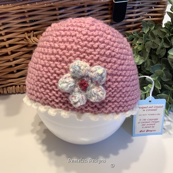 Baby Girl's Aran Hat 0-6 months with 20% Merino Wool (HELP A CHARITY)