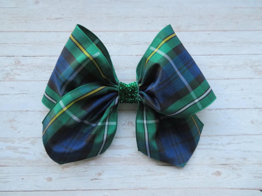 Campbell Tartan Plaid Green Emerald Glitter Retro Clip Hair Bow 