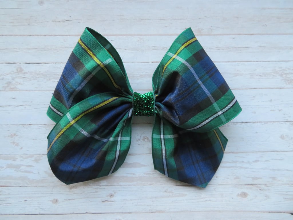 Campbell Tartan Plaid Green Emerald Glitter Retro Clip Hair Bow 