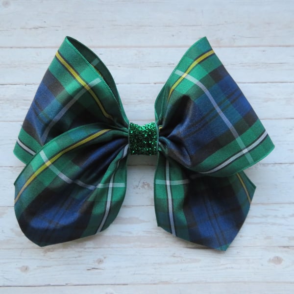 Campbell Tartan Plaid Green Emerald Glitter Retro Clip Hair Bow 