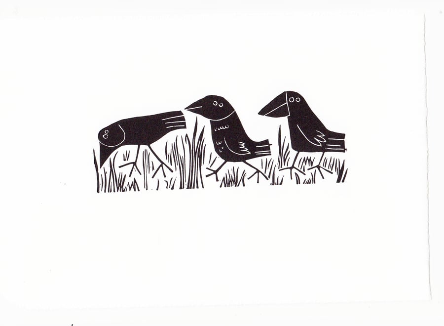 Three Crows in the Long Grass - lino cut print