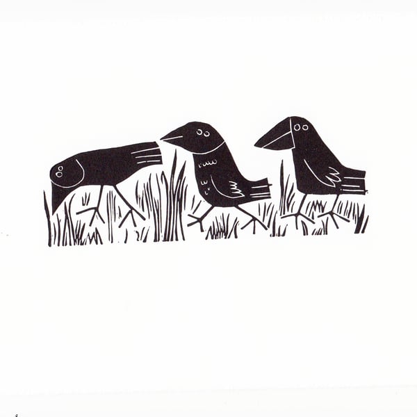 Three Crows in the Long Grass - lino cut print