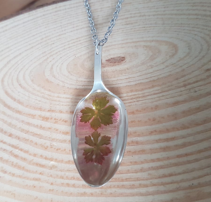 Upcycled Silver Plated Spoon With Geranium Leaves and Resin Necklace SPN041707