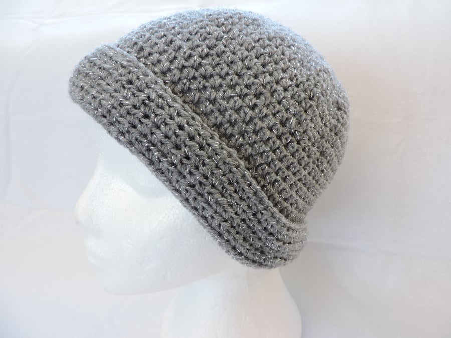 Crochet Beanie Hat  Mid Grey and Silver