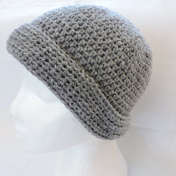 Crochet Beanie Hat  Mid Grey and Silver