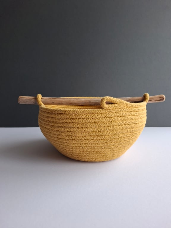 Mustard Newtown Bowl, coiled cotton bowl with driftwood handle