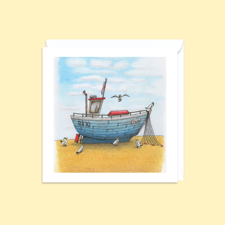 Seaside Fishing Boat Greeting Card: Hand Drawn Beach Life Illustration (809)