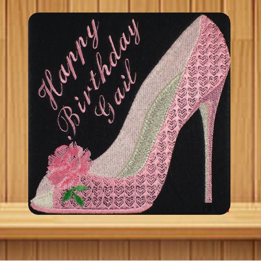 Handmade pink high heel shoe personalised card, embroidered design