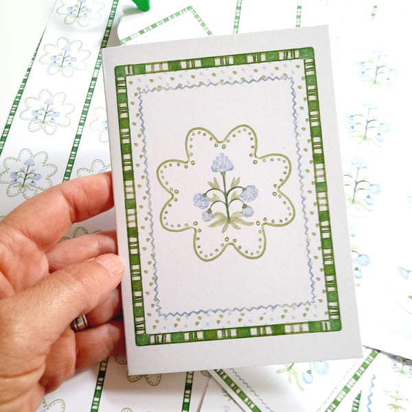 Green and Blue Floral Wrapping Set with gift paper, stickers, A6 card & envelope