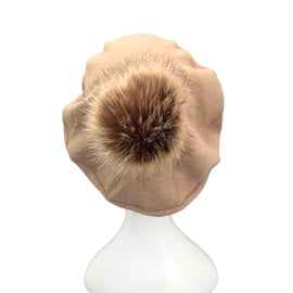 Beige Soft Knit Wool Winter Beret with Faux Fur Pom Pom Gift for Women 