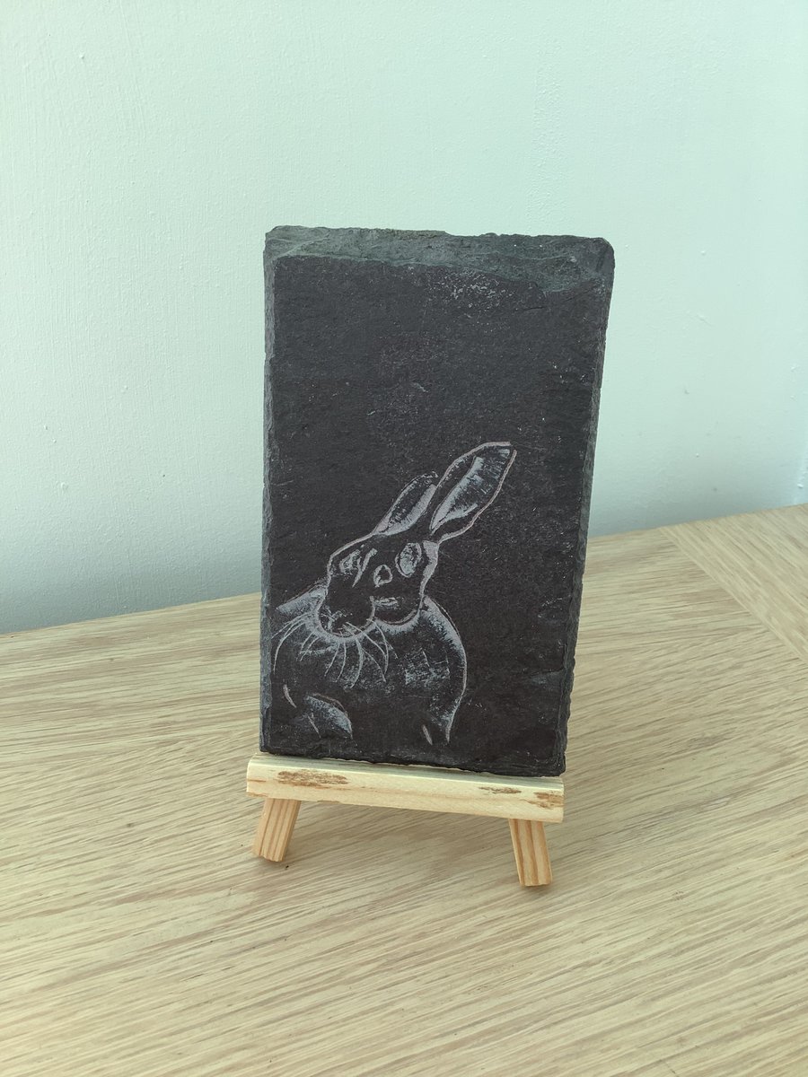 Hare in Field - original art hand carved on slate