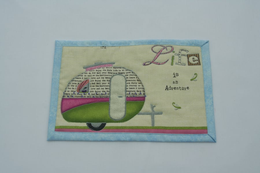 'Life is an Adventure' Mug Rug with Vintage Caravan Detail