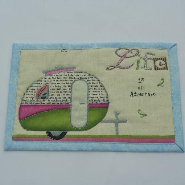 'Life is an Adventure' Mug Rug with Vintage Caravan Detail