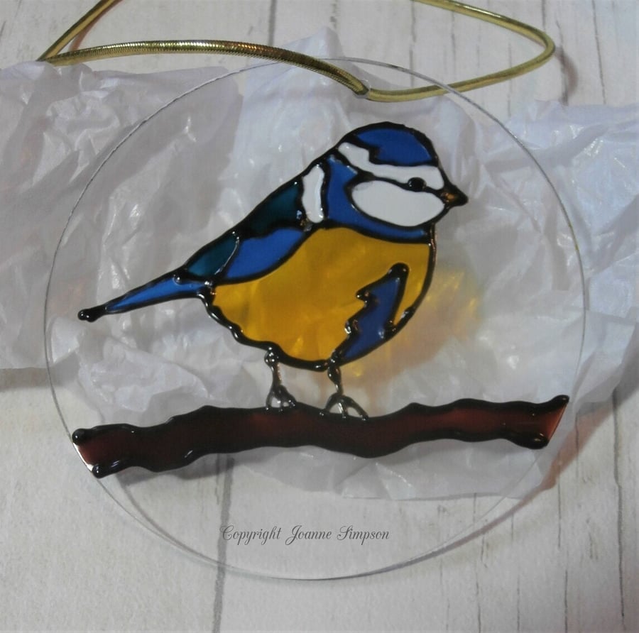 Blue tit sun catcher decoration. Hand painted glass. Garden bird lovers gift.