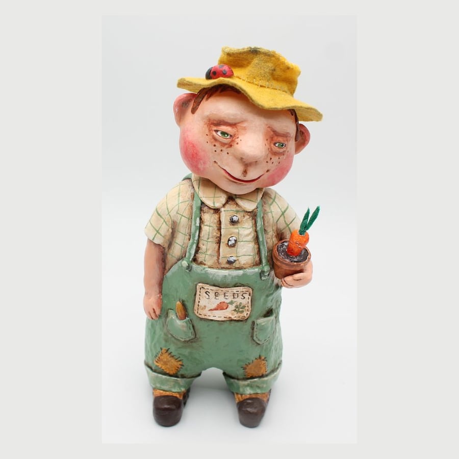 Decorative handmade boy doll, the Gardener. Whimsical OOAK Figurine.