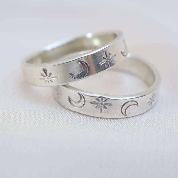 Moon and stars ring band