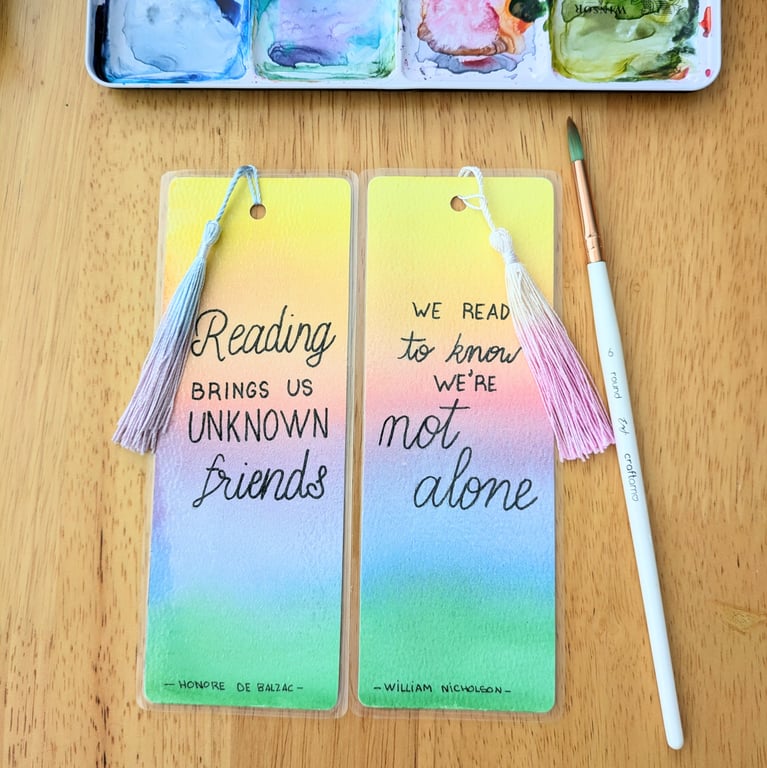 Rainbow Bookmark Original Art, watercolour painting, laminated with tassel