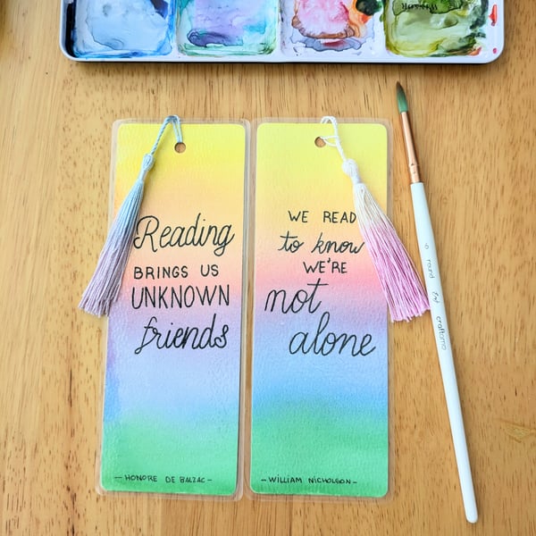 Rainbow Bookmark Original Art, watercolour painting, laminated with tassel