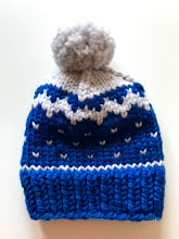 Hand knitted pompom hat in blue and white chunky merino wool - Children's