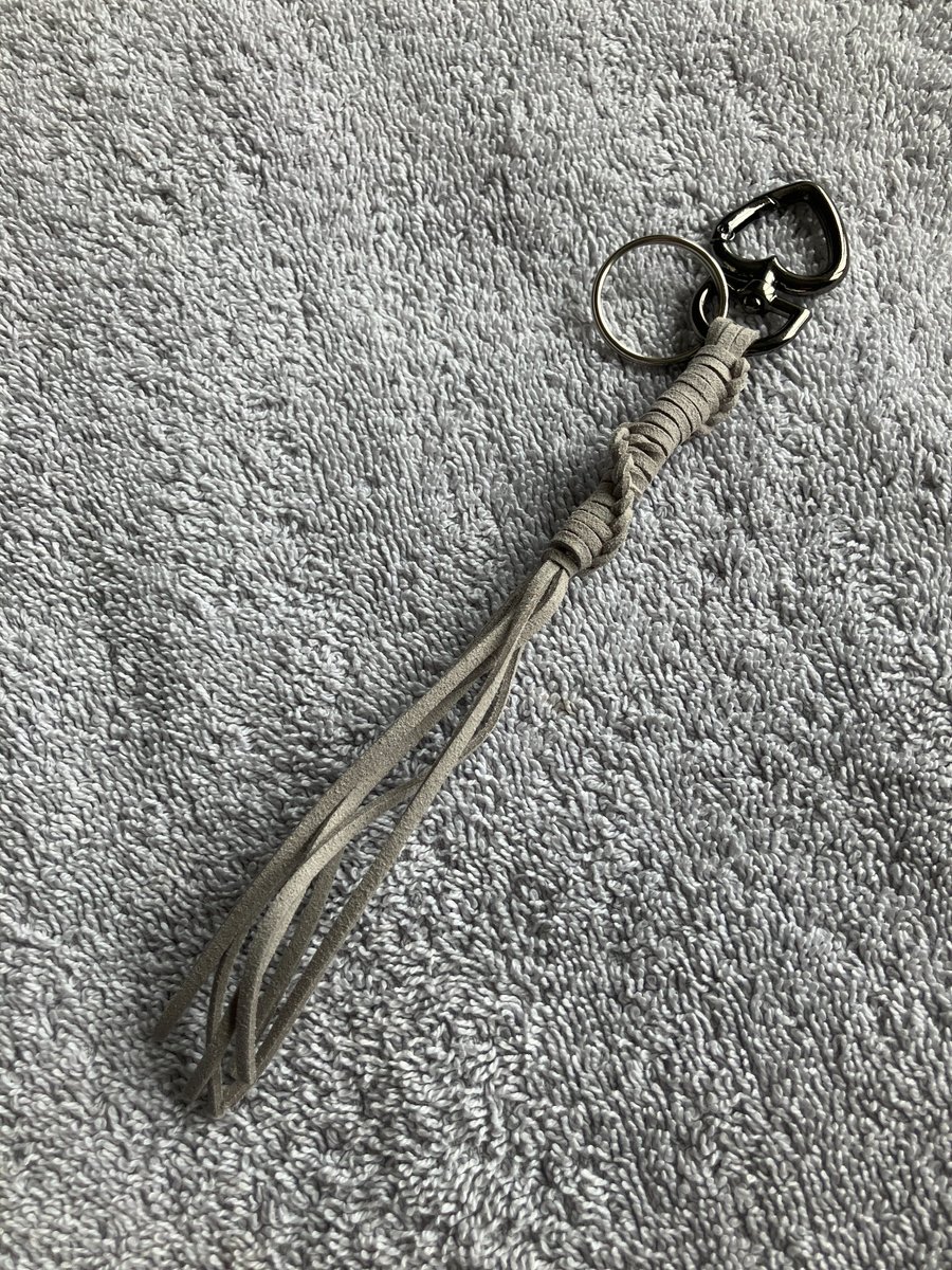 Grey Suede Keyring - Bag Charm with Gunmetal coloured Heart-shaped Carabiner 
