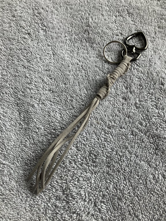 Grey Suede Keyring - Bag Charm with Gunmetal coloured Heart-shaped Carabiner 