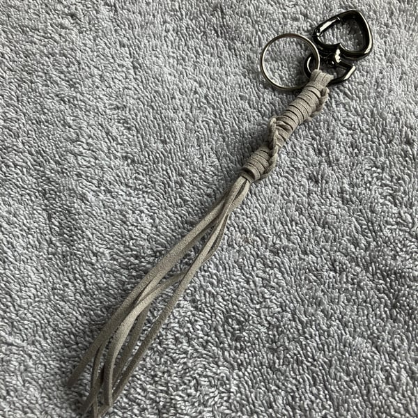Grey Suede Keyring - Bag Charm with Gunmetal coloured Heart-shaped Carabiner 