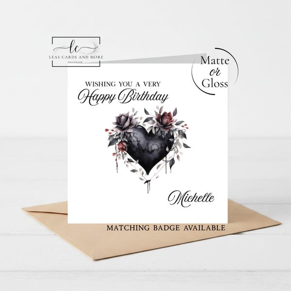 Floral Black Heart Happy Birthday Card