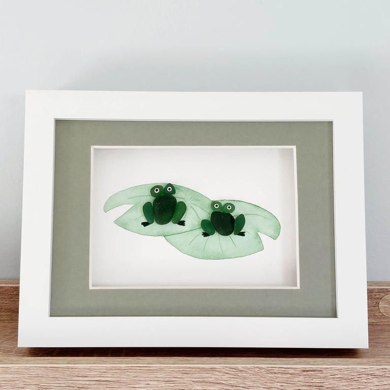Nature Lover Gift - Sea Glass Frogs Art - Framed Desk Art Gift