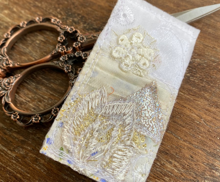 Embroidered up-cycled white and cream lace landscape brooch pin or badge. 